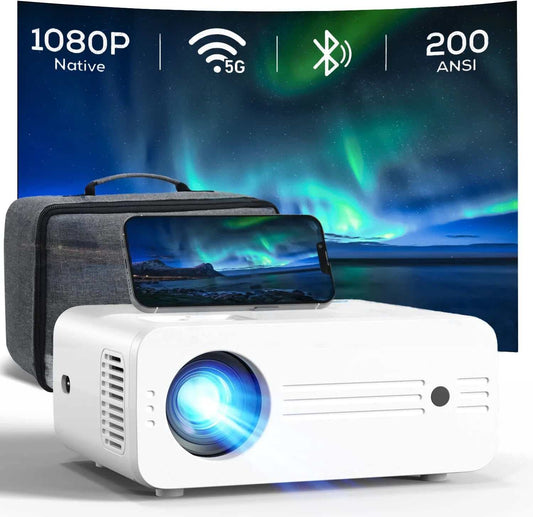 4K projector with native 1080P resolution, 5G WiFi, Bluetooth 5.2, and portable design showing phone screen projection