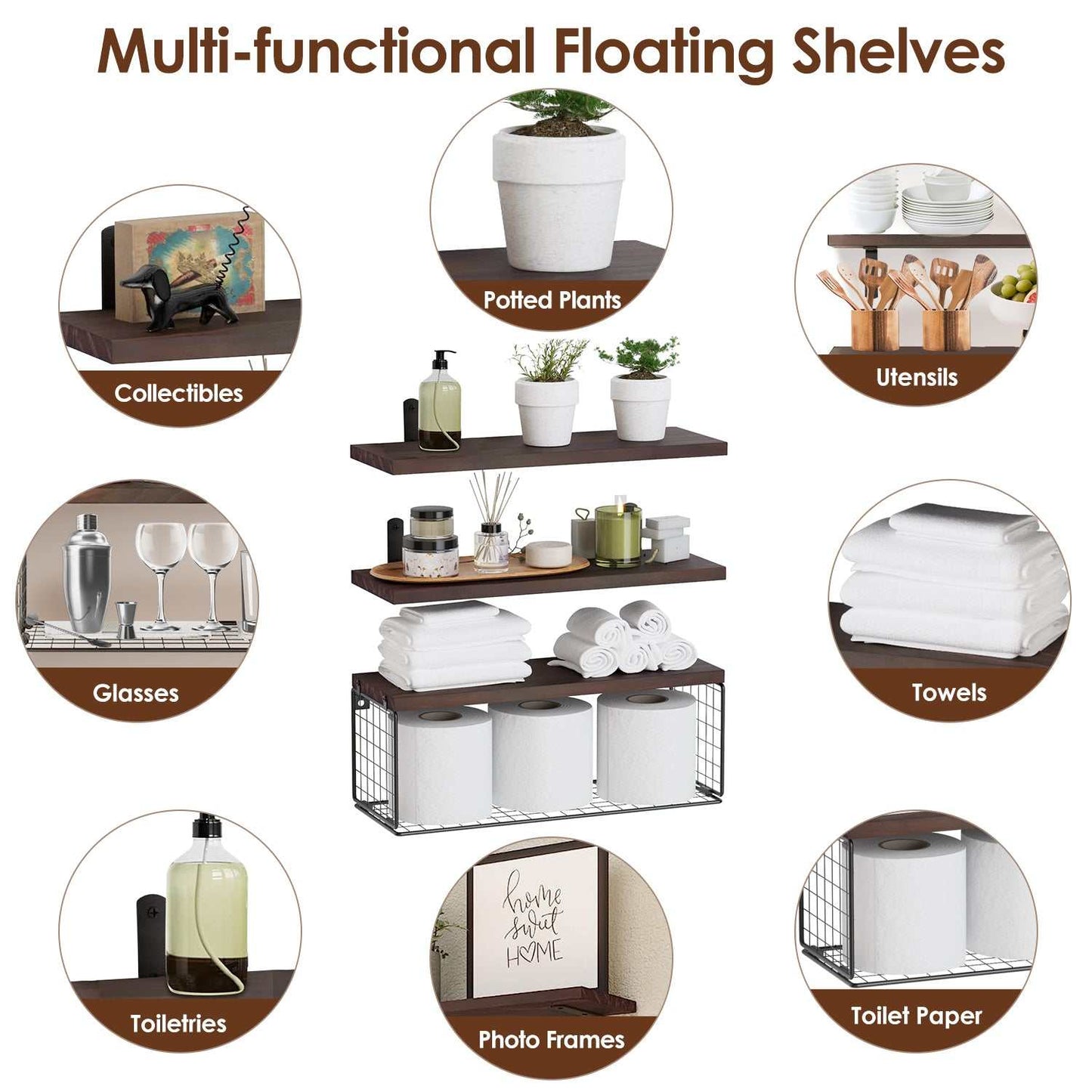 Brown rustic wooden floating shelves with black iron storage basket displaying potted plants, toiletries, towels, toilet paper, utensils, photo frames, glasses, and collectibles