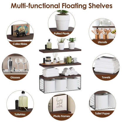 Brown rustic wooden floating shelves with black iron storage basket displaying potted plants, toiletries, towels, toilet paper, utensils, photo frames, glasses, and collectibles
