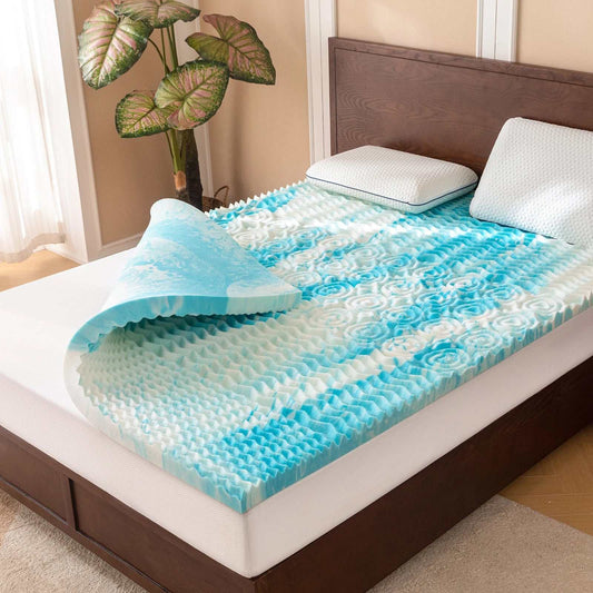 5-zone memory foam mattress topper with cooling gel layer on bed for pressure relief and comfort
