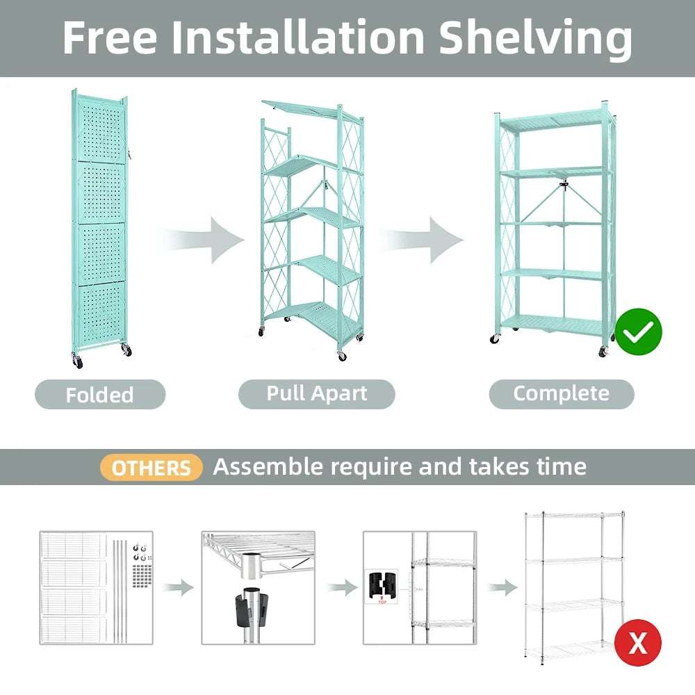 5-Tier Storage Shelving Unit, Metal Shelf 27.9"X13.4"X62.5, Foldable Storage Shelf with Wheels, Garage Shelf, Metal Storage Rack, Kitchen Shelf with 4 Hooks,No Assemble Require,Blue