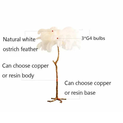 Nordic LED floor lamp with natural white ostrich feathers and copper or resin stand and base.