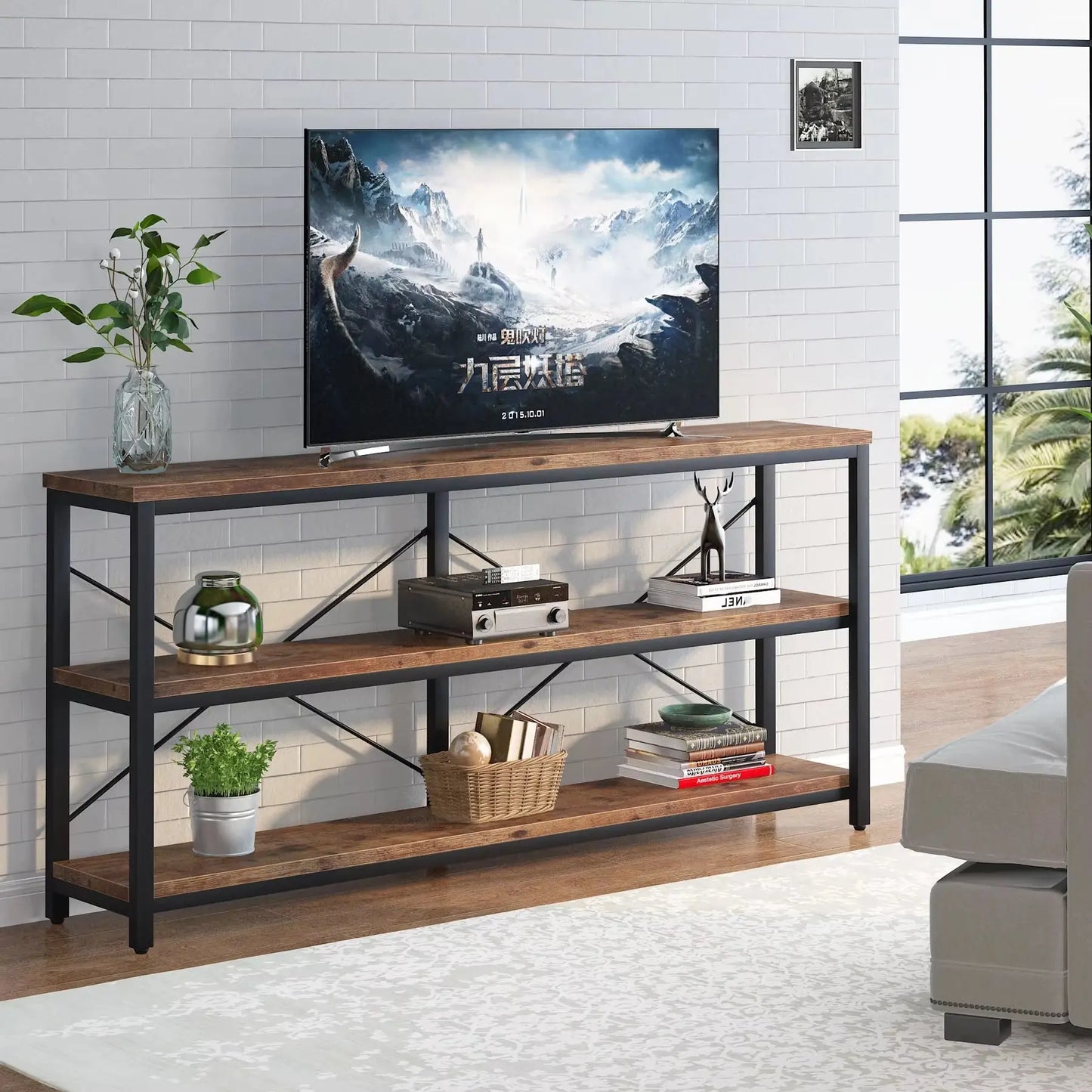 3-Tier Console Table, 70.9" Sofa Table Long Narrow Entryway with Metal Frame