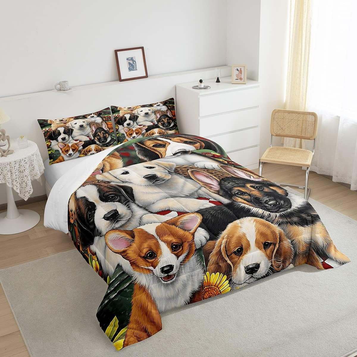 Dog Bedding Set Kawaii Room Decor Comforter Set Cute Pet Puppy Quilt Set Lovely Kawaii Pug German Shepherd Bedding Bedroom Collection 3Pcs Full Size, with 2 Pillowcases