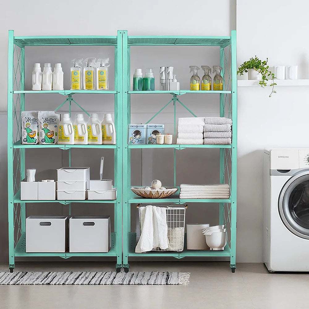 5-Tier Storage Shelving Unit, Metal Shelf 27.9"X13.4"X62.5, Foldable Storage Shelf with Wheels, Garage Shelf, Metal Storage Rack, Kitchen Shelf with 4 Hooks,No Assemble Require,Blue