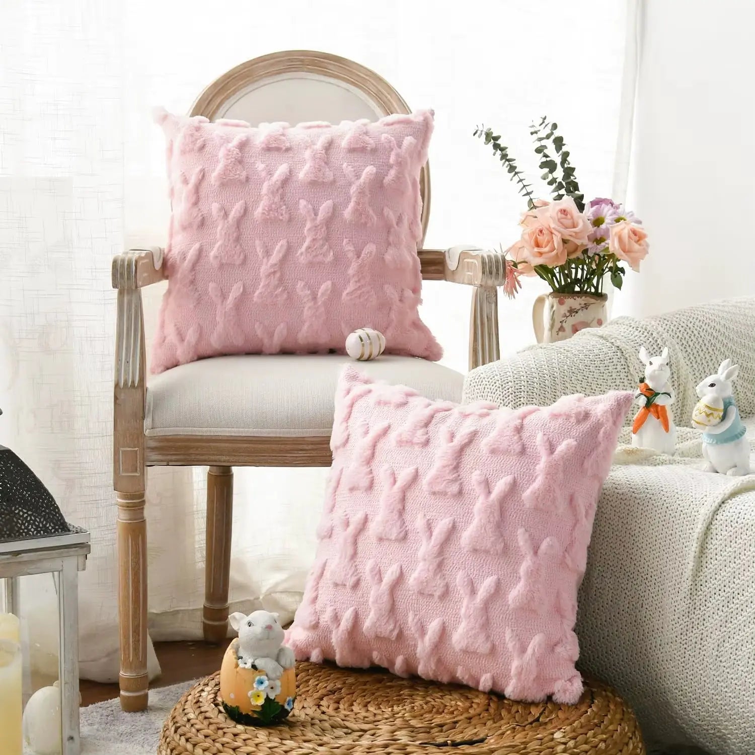 Easter Bunny Throw Pillow Covers Soft Plush Pillowcase 45X45Cm Couch Cushion Case for Easter Decor Couch Sofa Bedroom Decorative