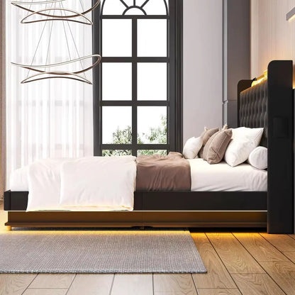 Lift up Storage Bed Frame Queen Size with Charging Station & Led Lights,Upholstered Platform Bed with Wingback Storage Headboard