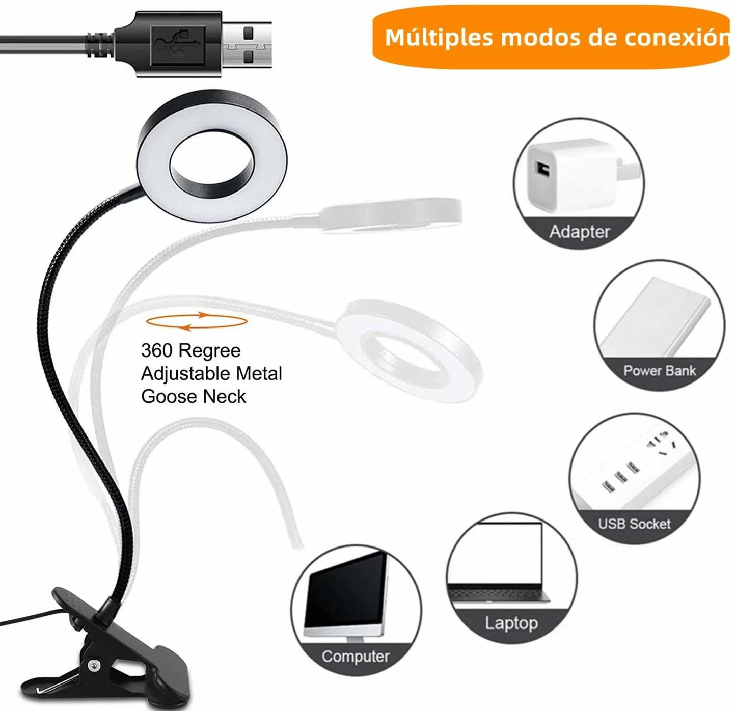 Clip on Light Reading Lights , 48 LED USB Desk Lamp with 3 Color Modes 10 Brightness, Flexible USB Clamp Bedside Lamp, Eye Caring Book Light for Studying/Working/Gaming (Black)