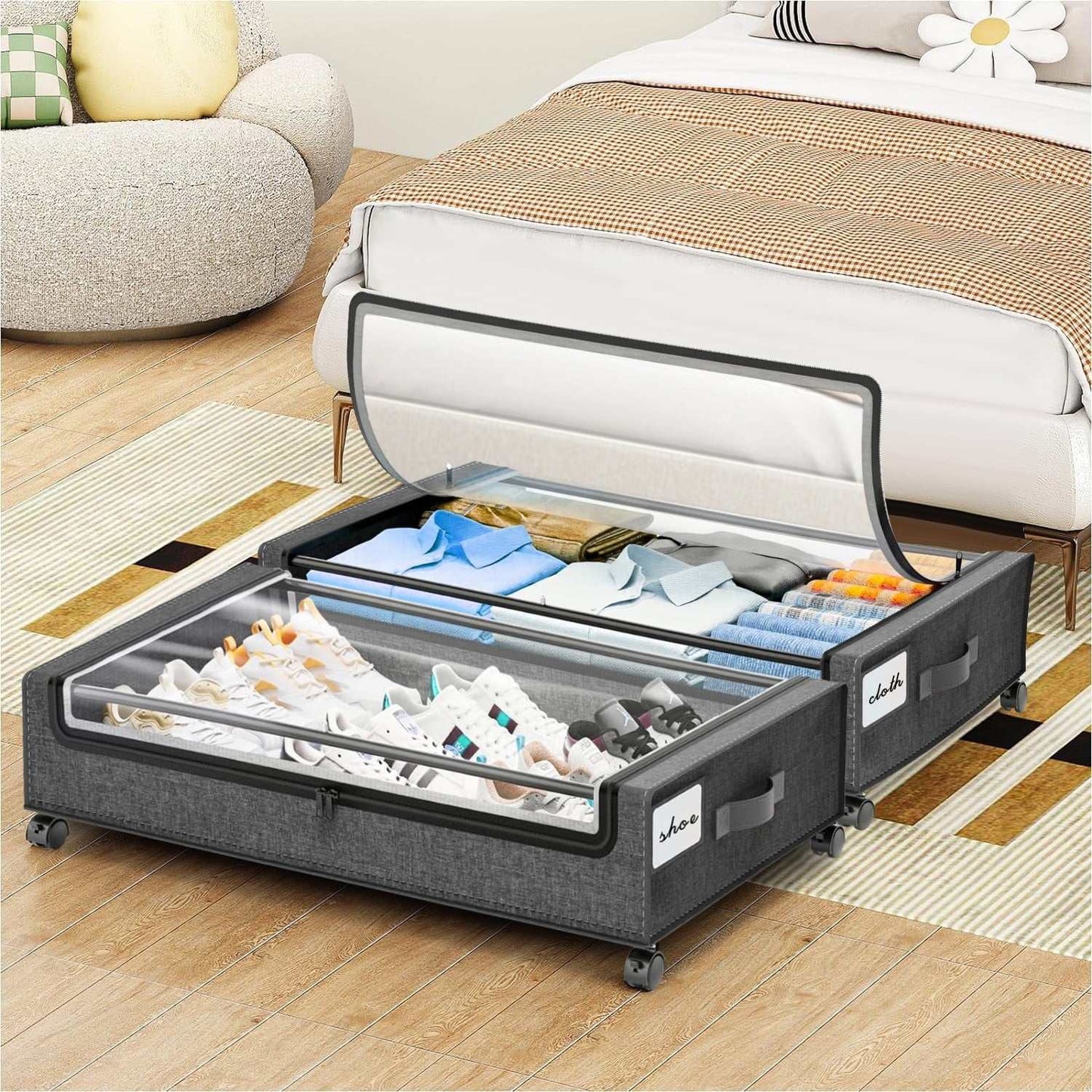 under Bed Storage with Wheels:2 Pack under the Bed Storage Bins, Collapsible under Bed Storage Bags for Clothes, Sheets,Shoes,Linen-Like Grey