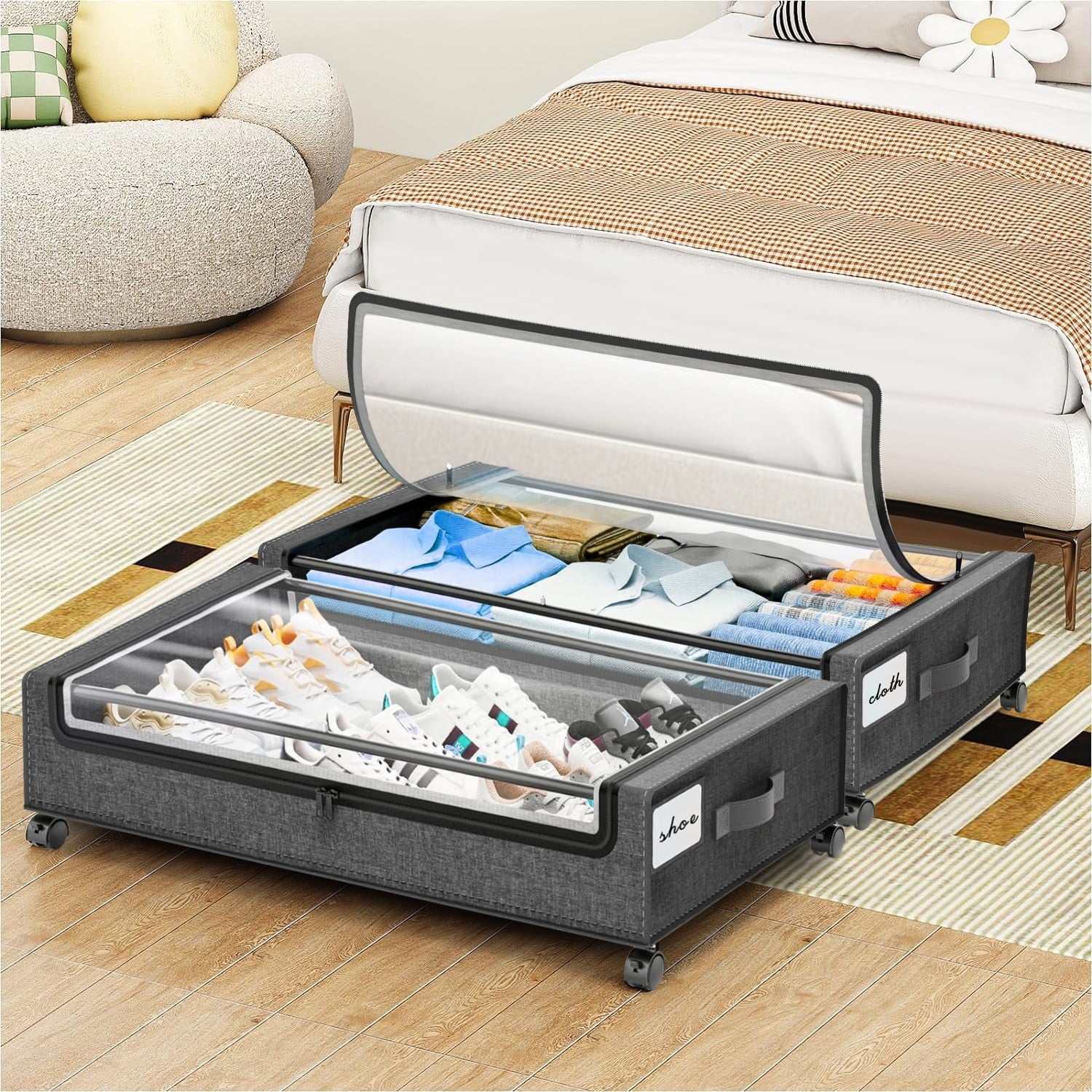 under Bed Storage with Wheels:2 Pack under the Bed Storage Bins, Collapsible under Bed Storage Bags for Clothes, Sheets,Shoes,Linen-Like Grey