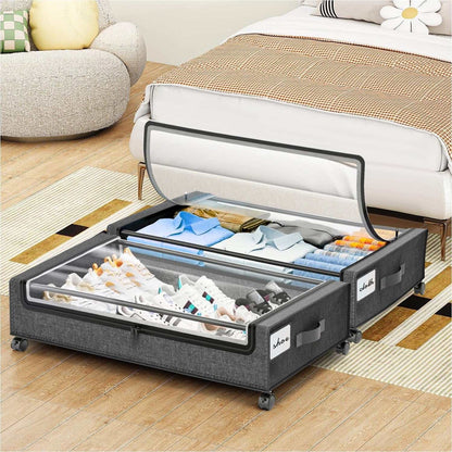 under Bed Storage with Wheels:2 Pack under the Bed Storage Bins, Collapsible under Bed Storage Bags for Clothes, Sheets,Shoes,Linen-Like Grey