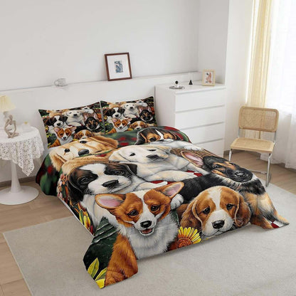 Dog Bedding Set Kawaii Room Decor Comforter Set Cute Pet Puppy Quilt Set Lovely Kawaii Pug German Shepherd Bedding Bedroom Collection 3Pcs Full Size, with 2 Pillowcases