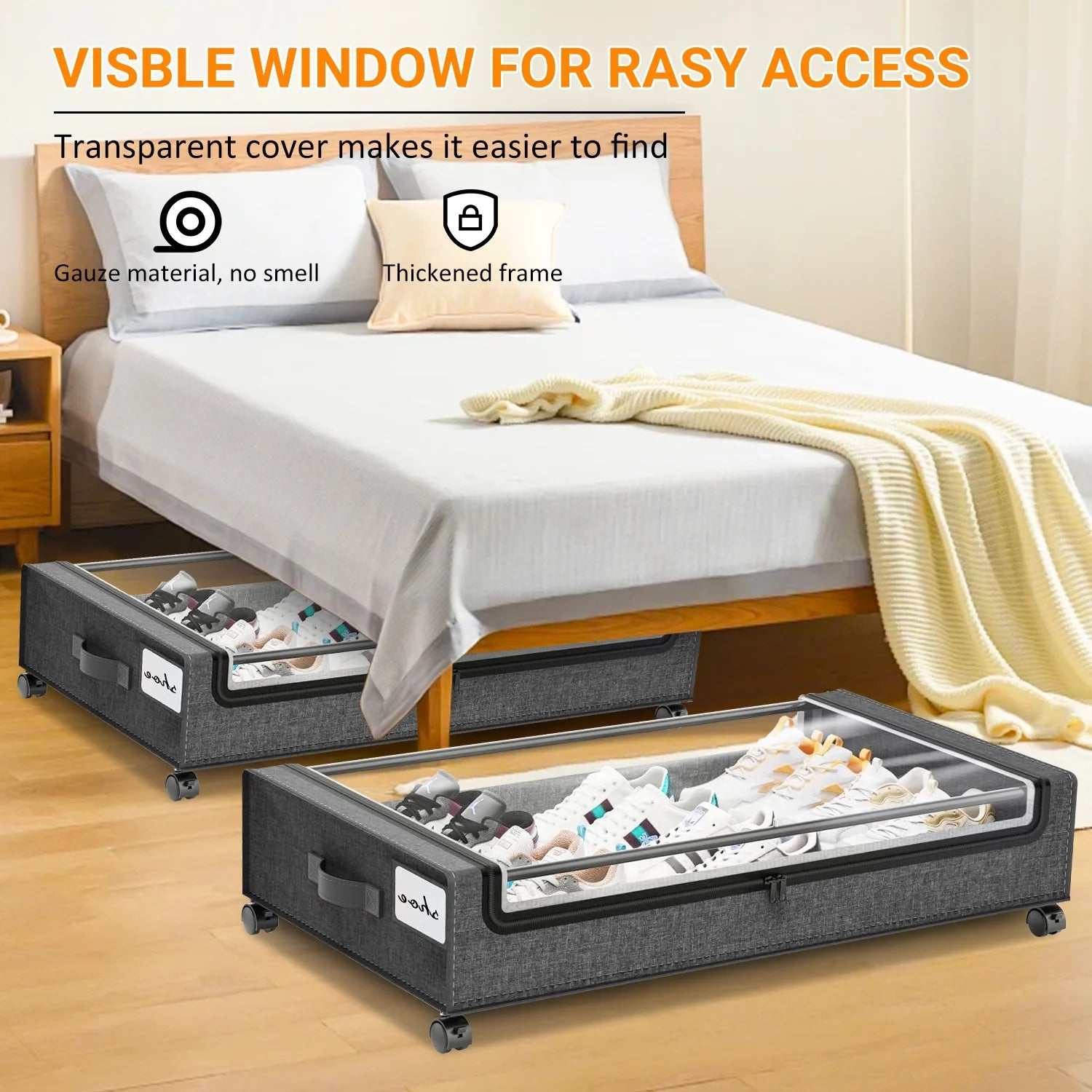 under Bed Storage with Wheels:2 Pack under the Bed Storage Bins, Collapsible under Bed Storage Bags for Clothes, Sheets,Shoes,Linen-Like Grey