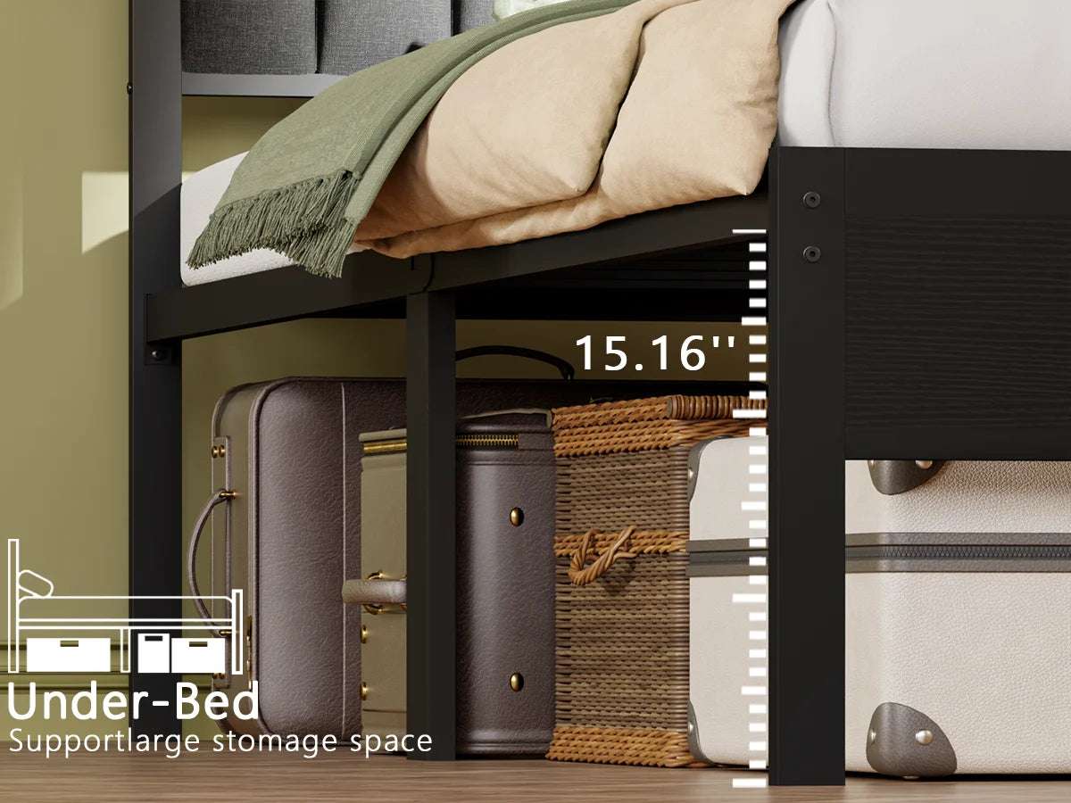 FullQueen size bed frame with 15.16 inches under-bed storage space in black oak finish