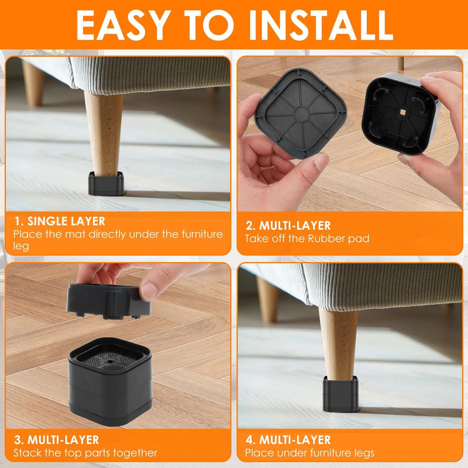 Step-by-step installation of black plastic furniture risers for chair legs to increase height and protect floors