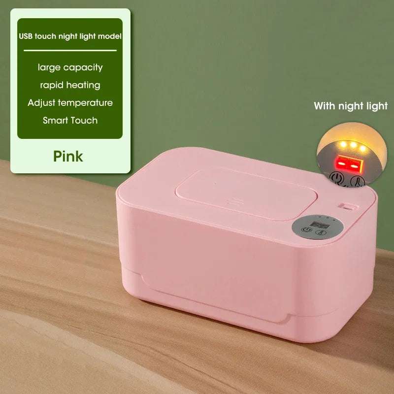 Portable pink baby wipe warmer with LED display, USB charging, night light, rapid heating, adjustable temperature, and large capacity design.