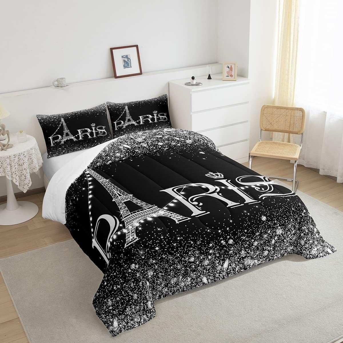 Eiffel Tower Comforter Set ,Black White Romantic Paris Bedding Set Twin,Glitter Diamond Duvet Insert All Season,Sparkles Sequins down Comforter with 1 Pillowcase Bedroom Decor