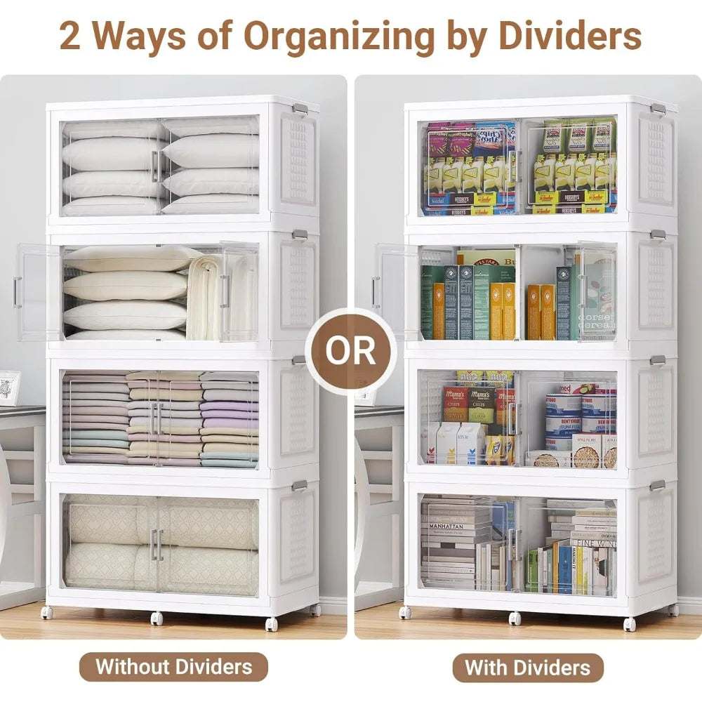 200Qt plastic storage bins with wheels and transparent doors, stackable with optional dividers for organized home storage