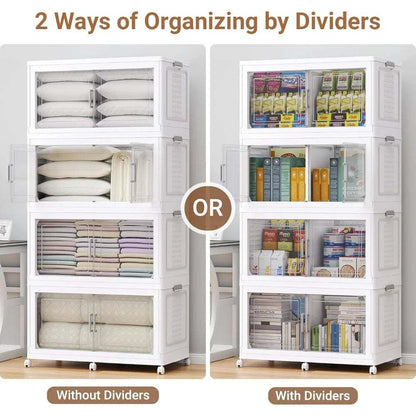 200Qt plastic storage bins with wheels and transparent doors, stackable with optional dividers for organized home storage