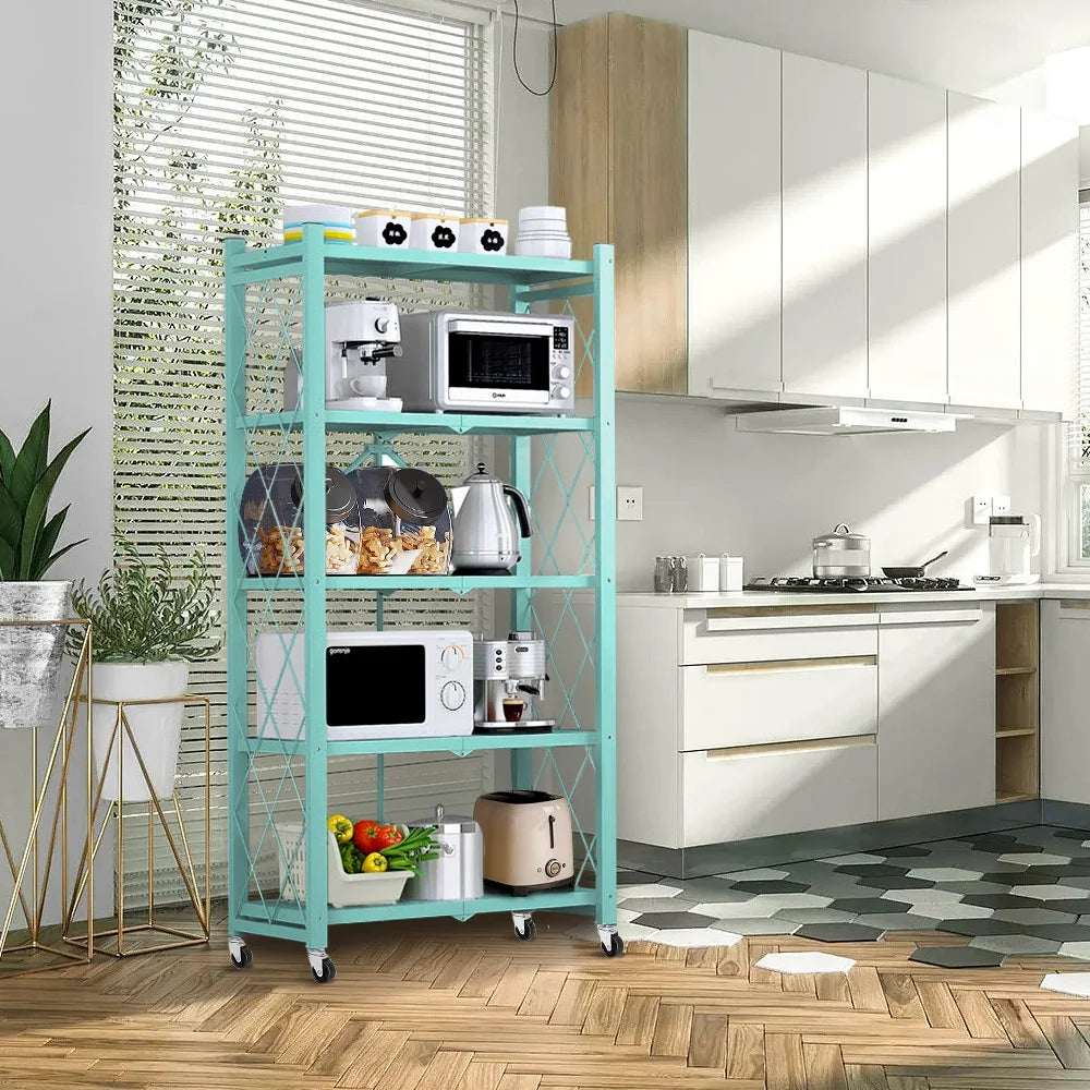 5-Tier Storage Shelving Unit, Metal Shelf 27.9"X13.4"X62.5, Foldable Storage Shelf with Wheels, Garage Shelf, Metal Storage Rack, Kitchen Shelf with 4 Hooks,No Assemble Require,Blue