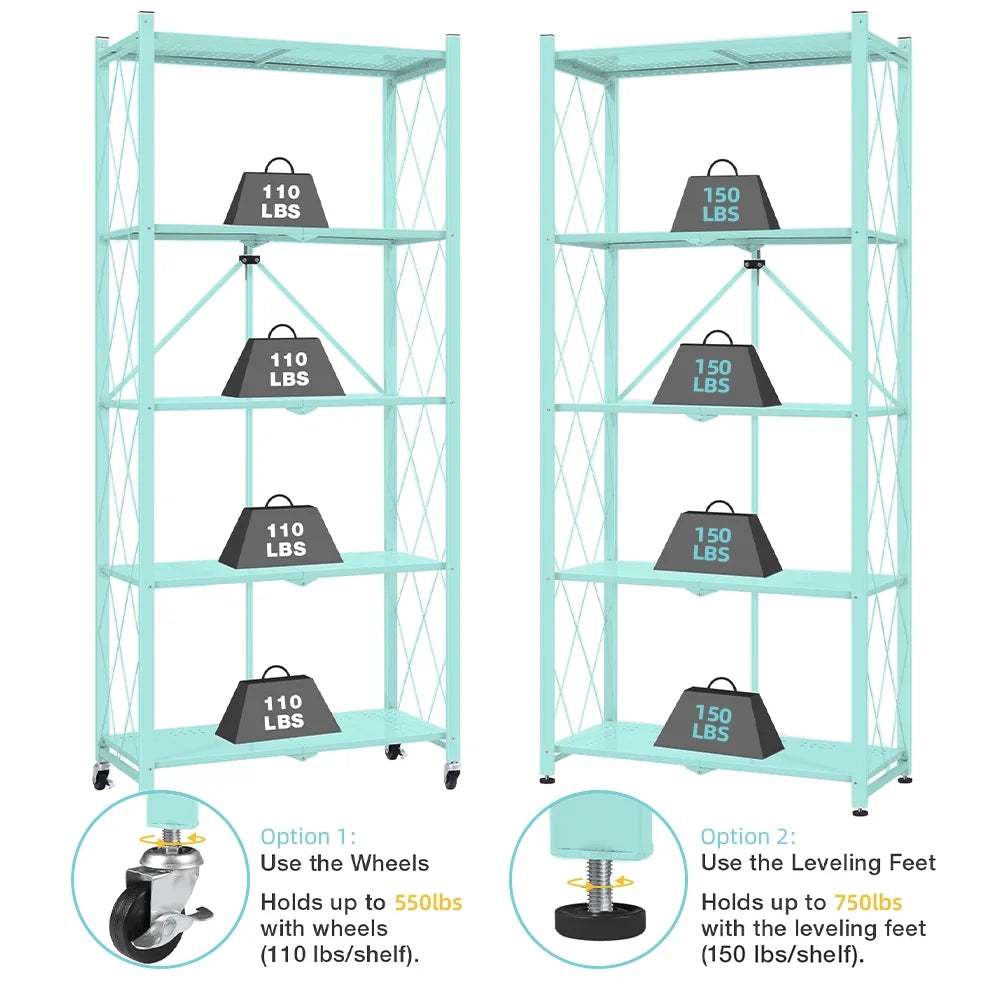 5-Tier Storage Shelving Unit, Metal Shelf 27.9"X13.4"X62.5, Foldable Storage Shelf with Wheels, Garage Shelf, Metal Storage Rack, Kitchen Shelf with 4 Hooks,No Assemble Require,Blue