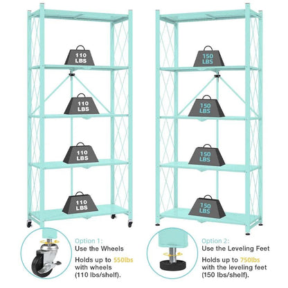 5-Tier Storage Shelving Unit, Metal Shelf 27.9"X13.4"X62.5, Foldable Storage Shelf with Wheels, Garage Shelf, Metal Storage Rack, Kitchen Shelf with 4 Hooks,No Assemble Require,Blue