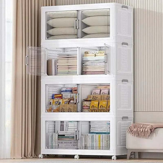 Stackable 200Qt plastic storage bins with clear doors, dividers, and wheels for organized home storage