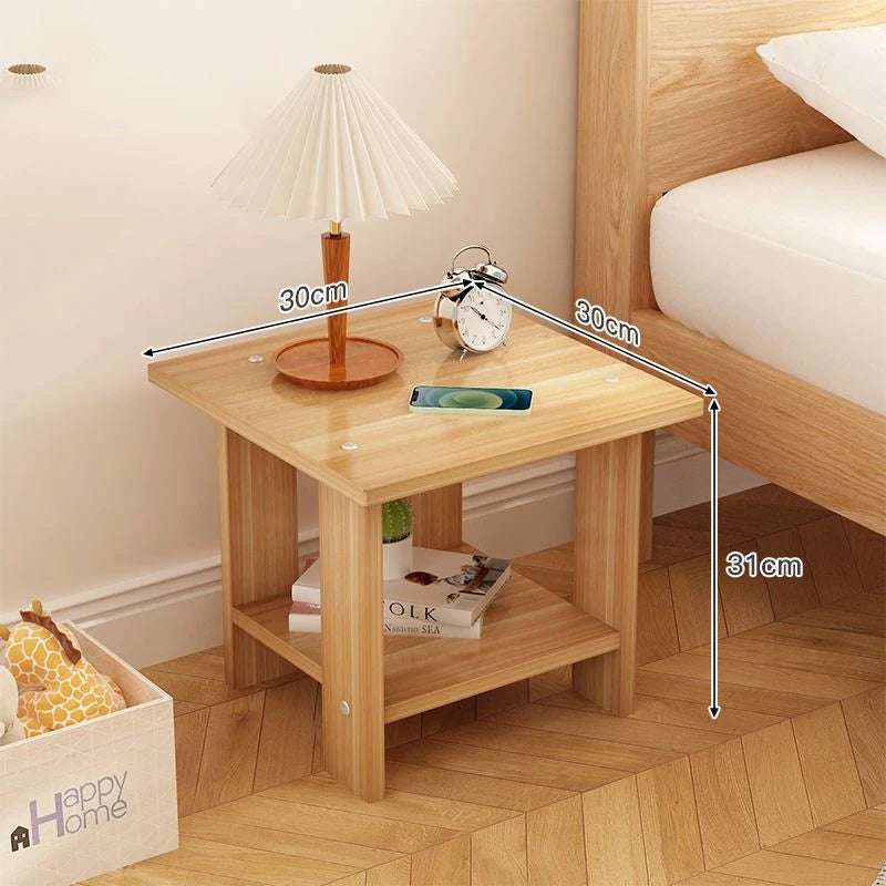 Simple bedside table solid wood nightstand with double-layer storage, 30x30x31 cm, modern bedroom furniture.
