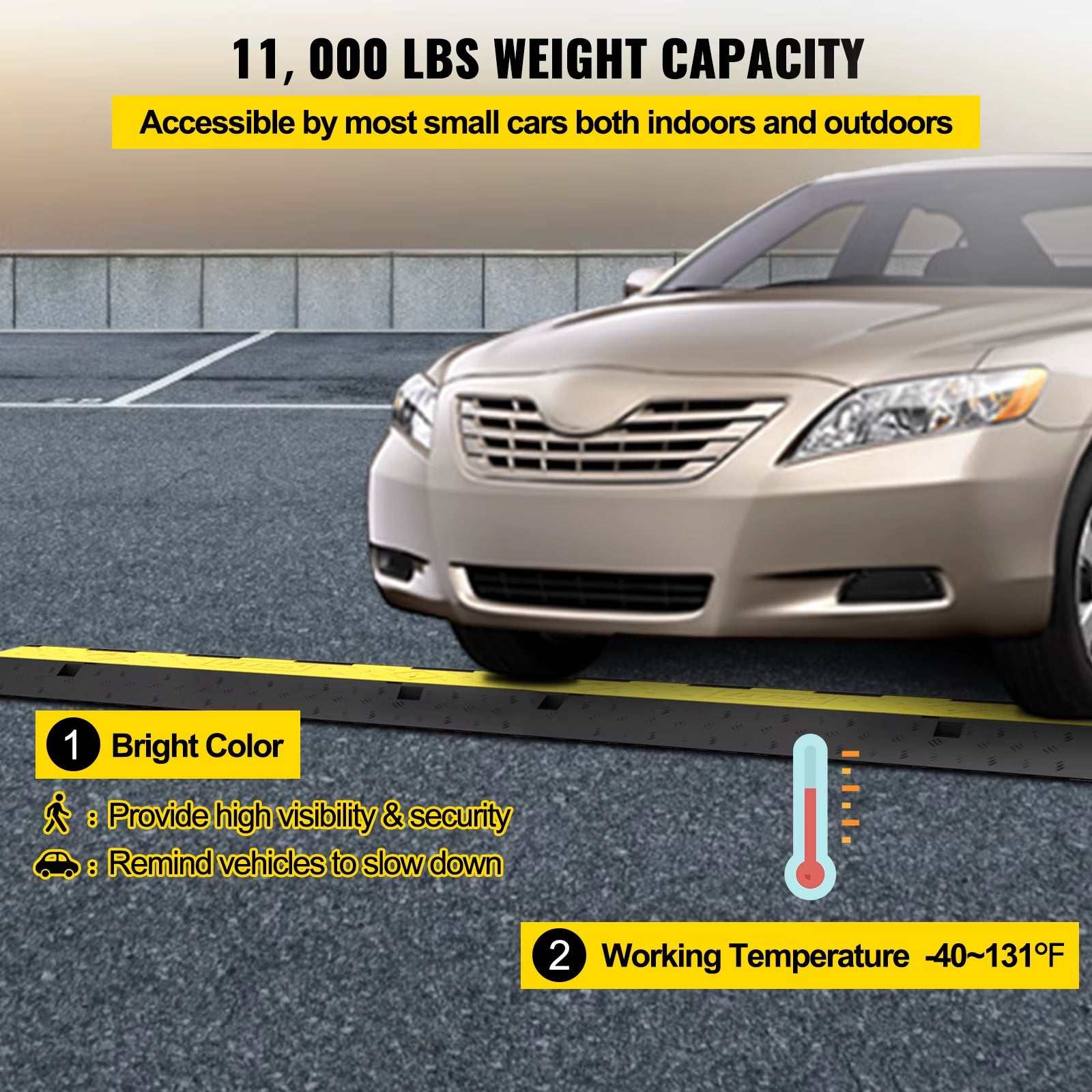 Cable protector ramp with bright yellow and black colors, designed for 11,000 lbs weight capacity, visible on driveway with a car passing over it, suitable for indoor and outdoor use.
