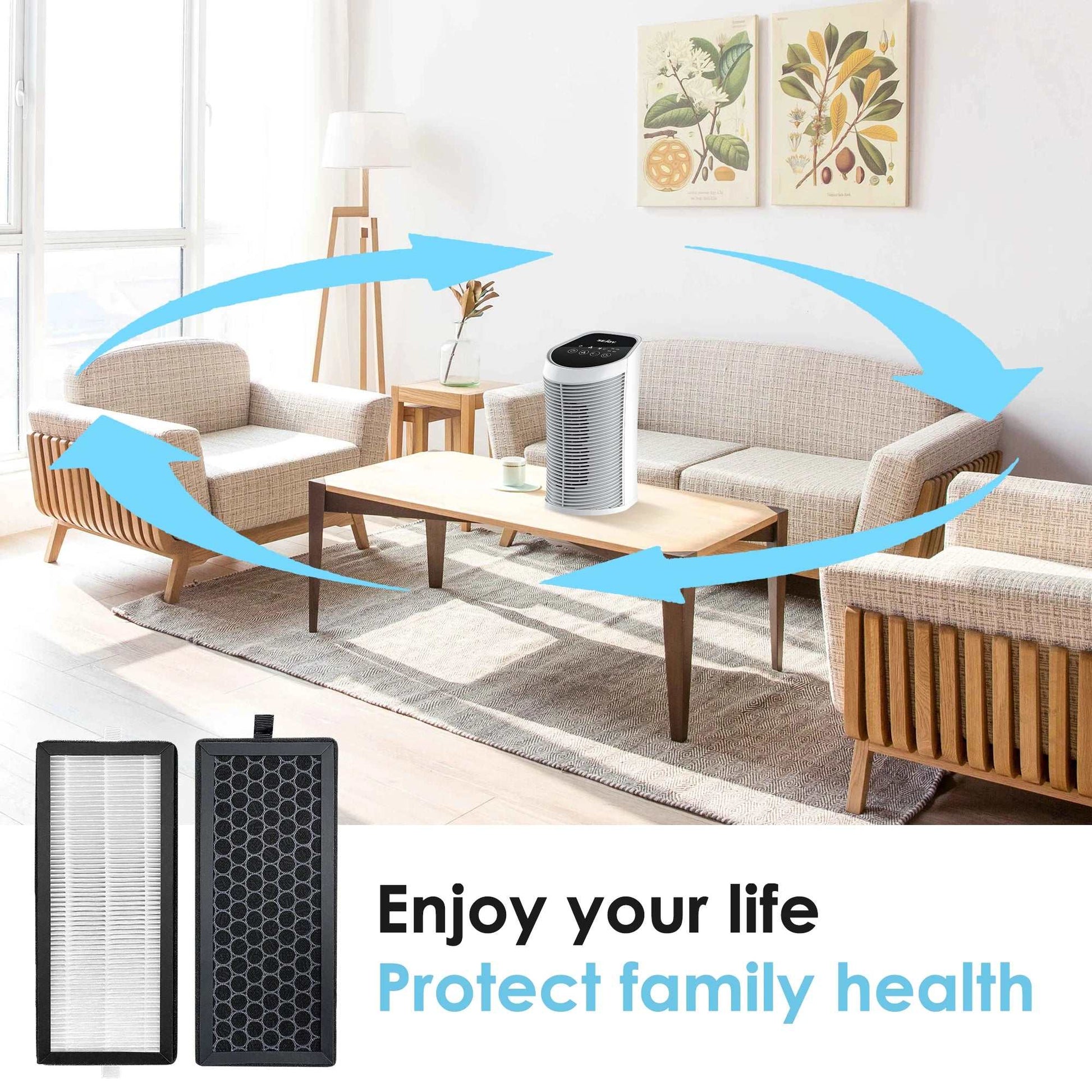 Replacement H13 True Air Purifier HEPA Filter and Activated Carbon Composite Filter for AP-2202 air purifier in a living room setting