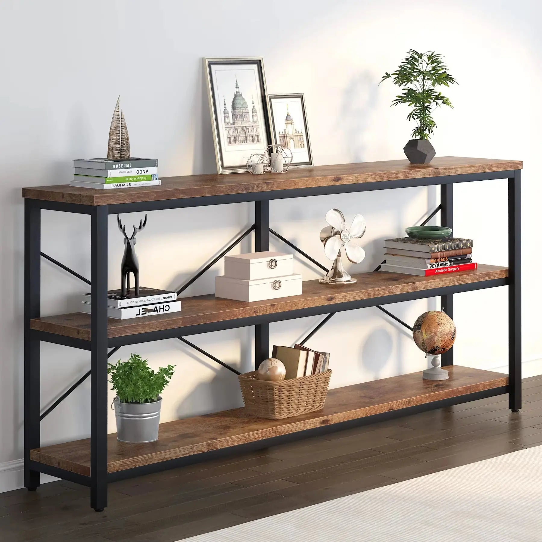 3-Tier Console Table, 70.9" Sofa Table Long Narrow Entryway with Metal Frame