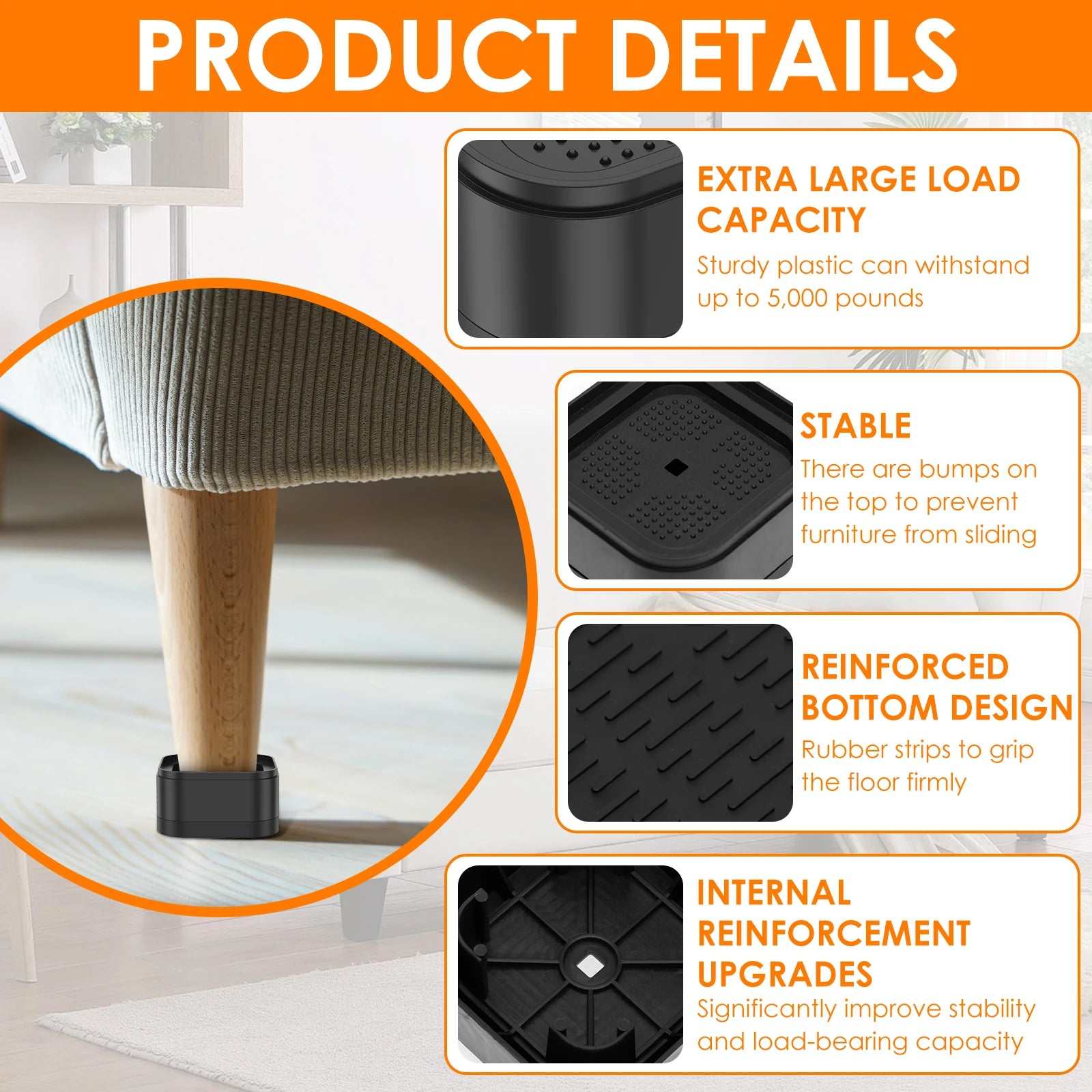 Heavy duty black plastic furniture risers with nonslip design and reinforced bottom for bed, chair, and table leg heightening and floor protection.