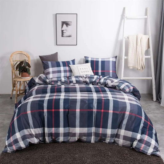 Navy blue plaid queen duvet cover set with matching pillowcases in blue, gray, and red plaid pattern, lightweight and breathable cotton microfiber bedding.