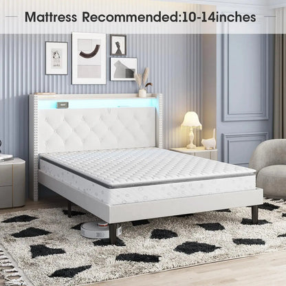 Queen Size Bed Frame with Headboard Upholstered Platform Bed Frame with Power Outlet&Led Bed Frame with Wingback Storage