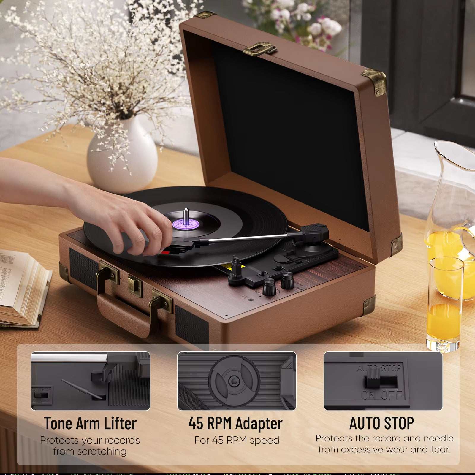 Vintage Gramophone Turntable in a suitcase style with 3-speed record player, built-in stereo speakers, tone arm lifter, 45 RPM adapter, and auto stop features.