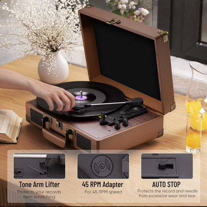 Vintage Gramophone Turntable in a suitcase style with 3-speed record player, built-in stereo speakers, tone arm lifter, 45 RPM adapter, and auto stop features.
