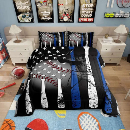 Twin baseball-themed bedding set with comforter and pillowcases featuring a black, white, and blue design of baseballs, bats, and stars