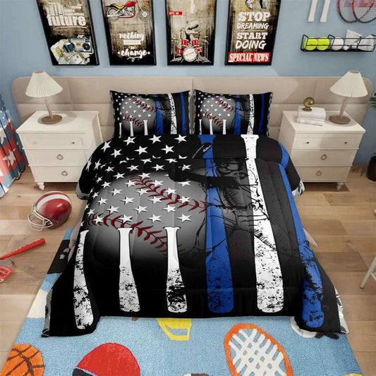 Twin baseball-themed bedding set with comforter and pillowcases featuring a black, white, and blue design of baseballs, bats, and stars
