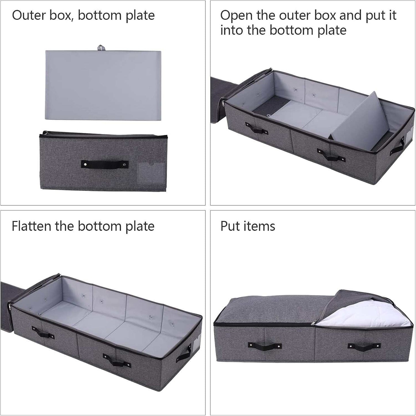 Foldable Fabric Sturdy under Bed Storage Box with 6 Handles, Zipper Lid, Blankets Clothes Comforters Storage Bin Organizer for Bedroom and Closet, 35X 16.5 X 7Inch, Black Grey