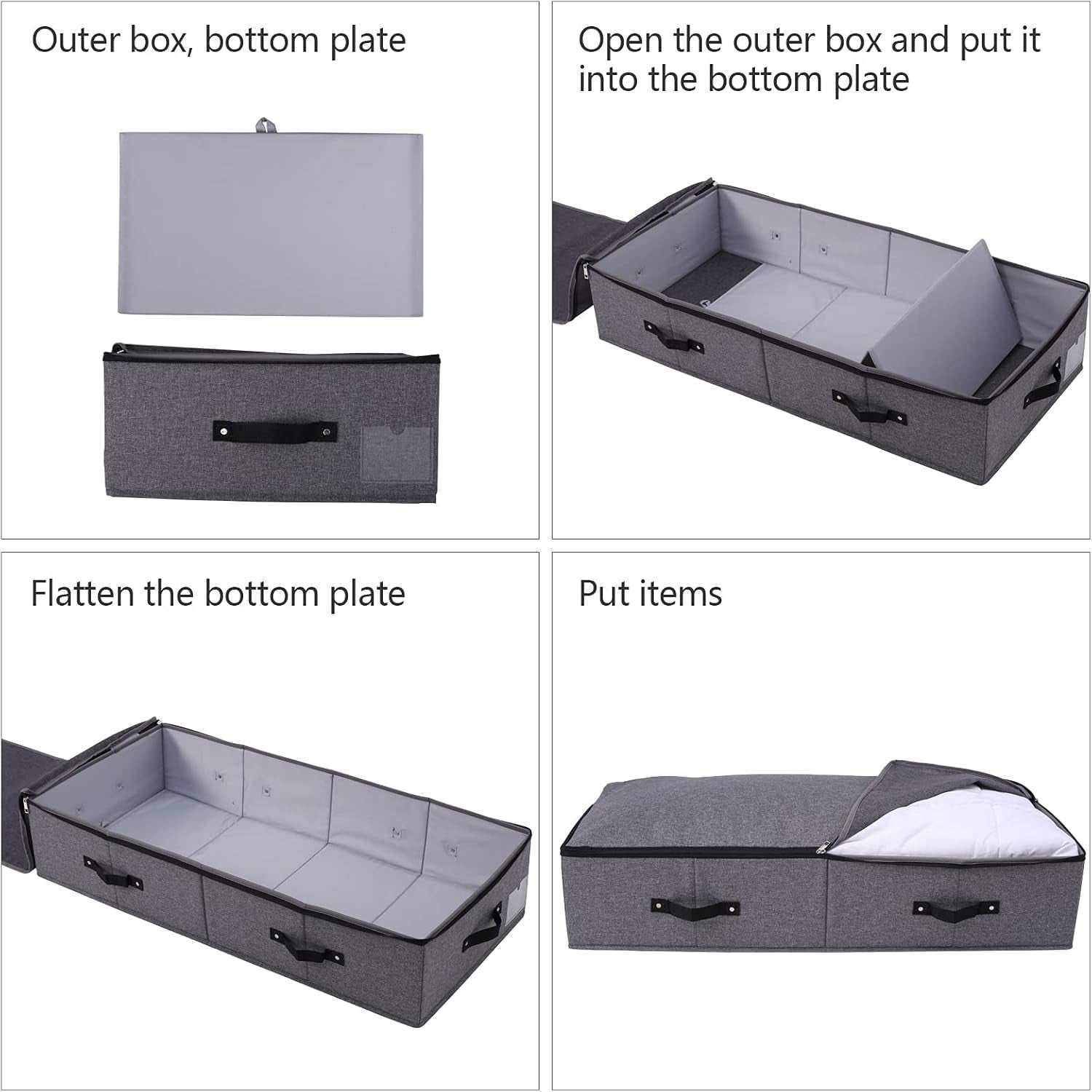 Foldable Fabric Sturdy under Bed Storage Box with 6 Handles, Zipper Lid, Blankets Clothes Comforters Storage Bin Organizer for Bedroom and Closet, 35X 16.5 X 7Inch, Black Grey