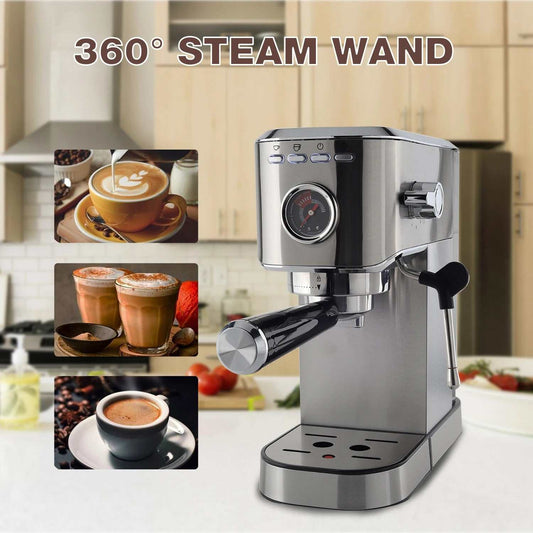 DOYOMI 20 Bar Espresso Machine stainless steel with 360-degree steam wand and milk frother for café-quality espresso and lattes at home