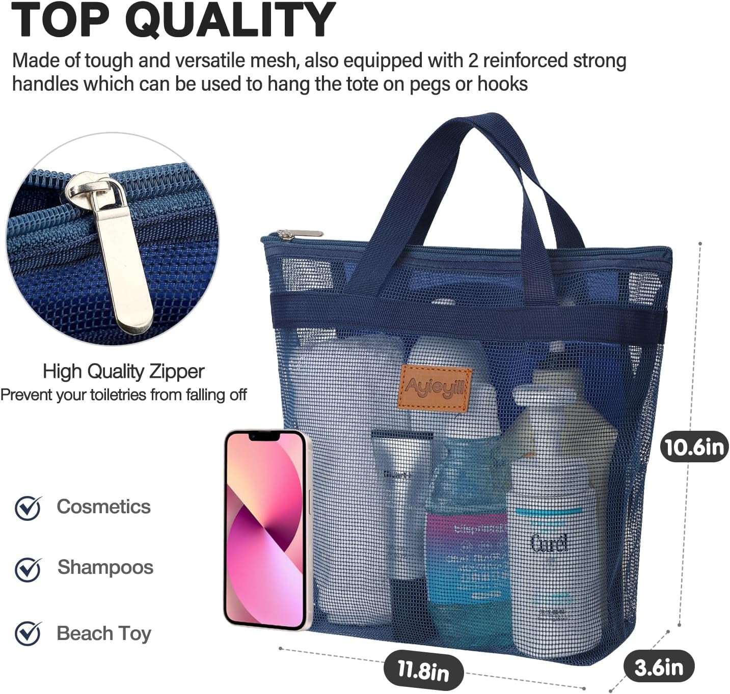 2 Pcs Shower Mesh Caddy Bag Quick Dry Hanging Toiletry and Bath Organizer for Travel and Swimming with Zipper (Dark Blue-Black)