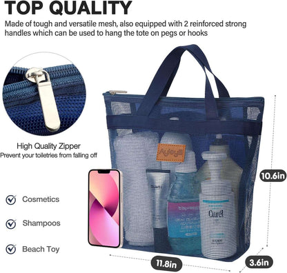 2 Pcs Shower Mesh Caddy Bag Quick Dry Hanging Toiletry and Bath Organizer for Travel and Swimming with Zipper (Dark Blue-Black)