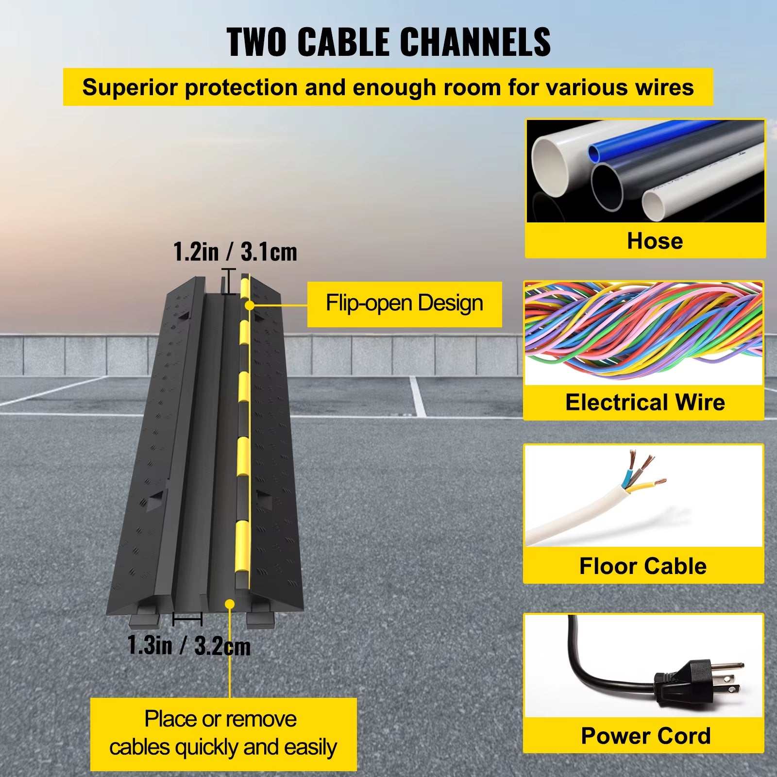 Cable protector ramp with two channels, flip-open design, black and yellow rubber and PVC construction, designed for protecting hoses, electrical wires, floor cables, and power cords.