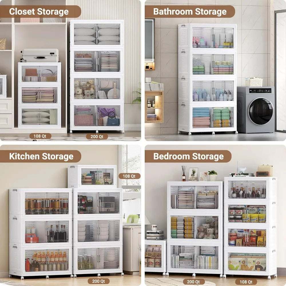 200Qt plastic storage bins with wheels and dividers shown in organized closet, bathroom, kitchen, and bedroom storage setups