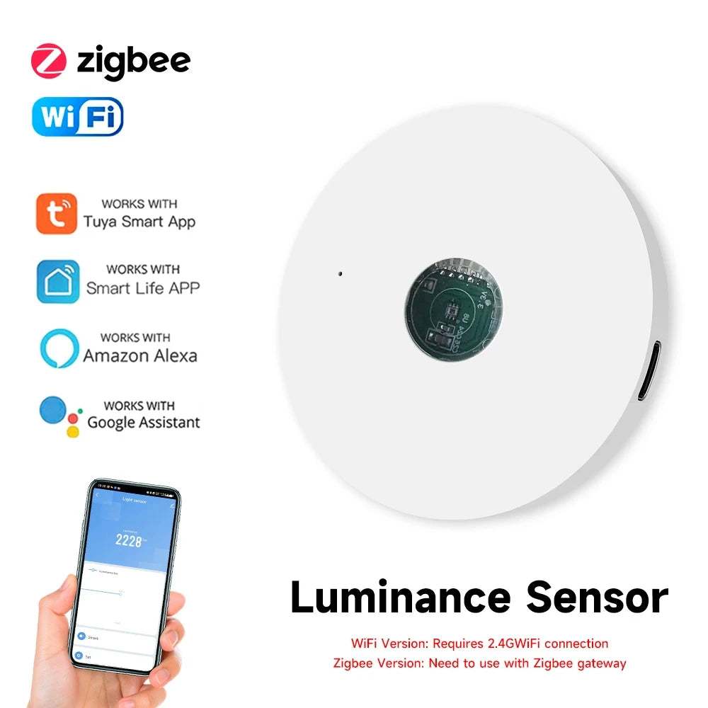 Tuya Wifi Light Sensor luminance detector for smart home automation compatible with Tuya, Smart Life, Alexa, and Google Assistant apps