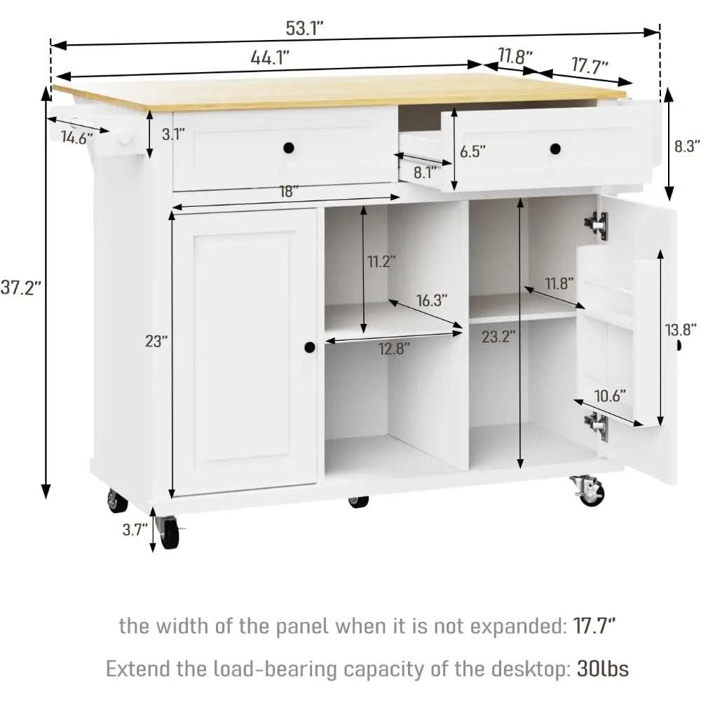 White kitchen island with storage, wood countertop, two drawers, cabinets, adjustable shelves, drop leaf, and wheels for mobility