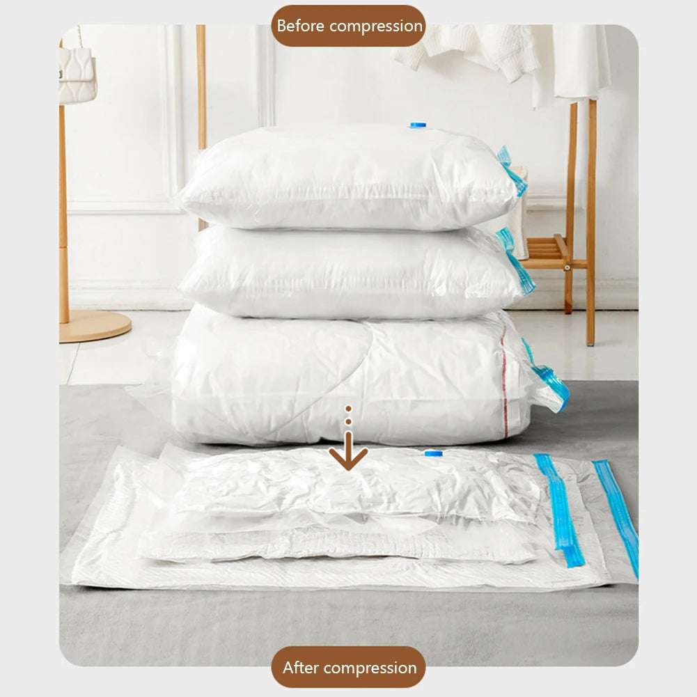 Before and after compression of white bedding in vacuum compression storage bags showing space-saving effect
