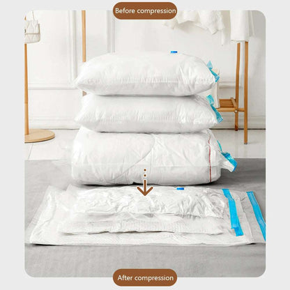 Before and after compression of white bedding in vacuum compression storage bags showing space-saving effect